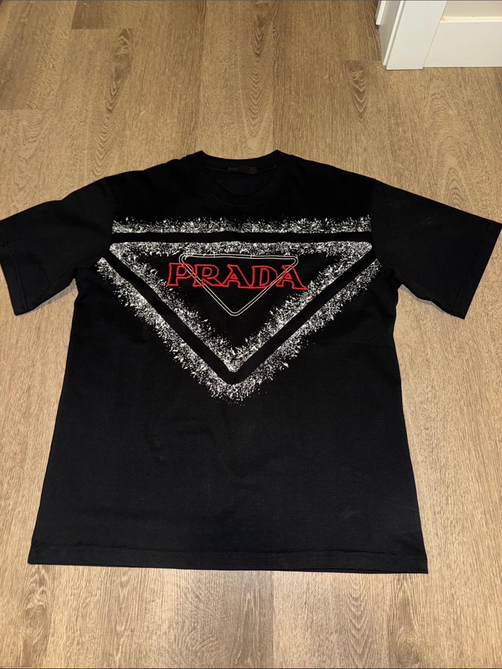Prada Black Short Sleeve Tee with Red Logo and White Graphic